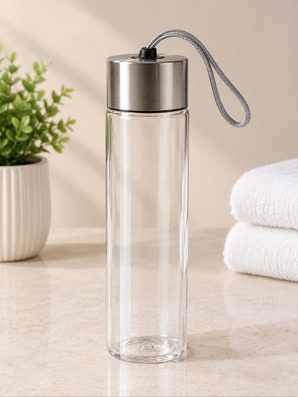 Stainless Steel Lid Clear Glass Water Bottle with Carry Loop